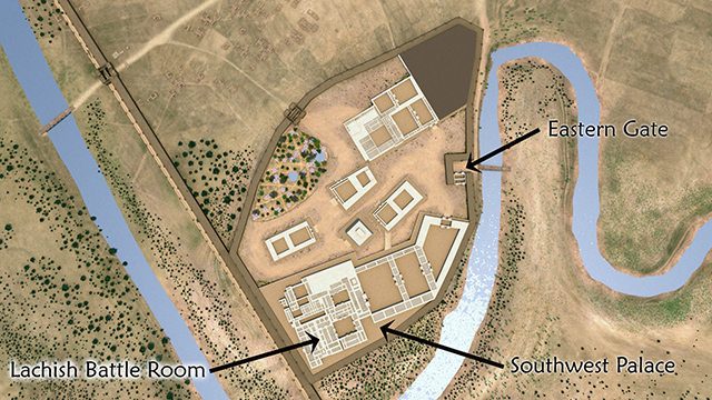 aerial view showing the location of the Lachish battle room, Nineveh